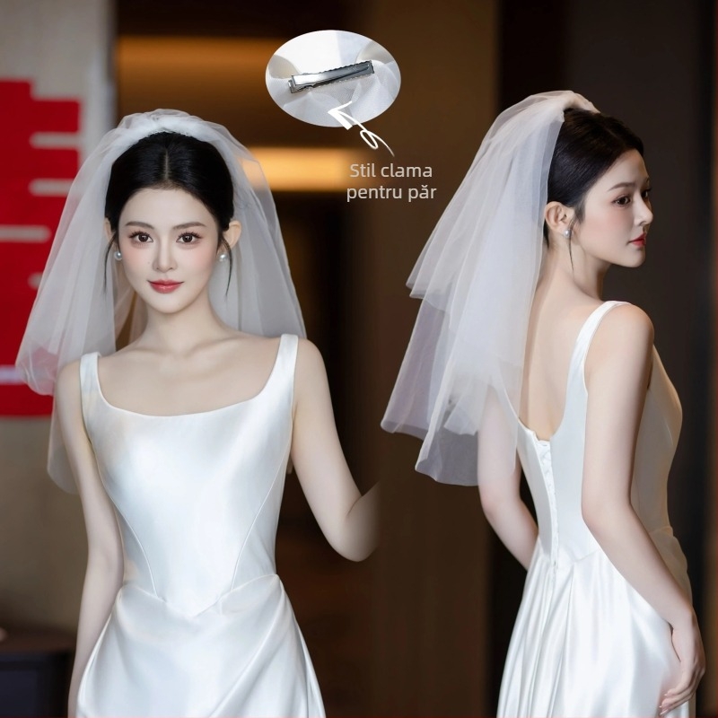 Voal de mireasă din plasă, accesorii simple pentru femei, cu două straturi în formă de fundă