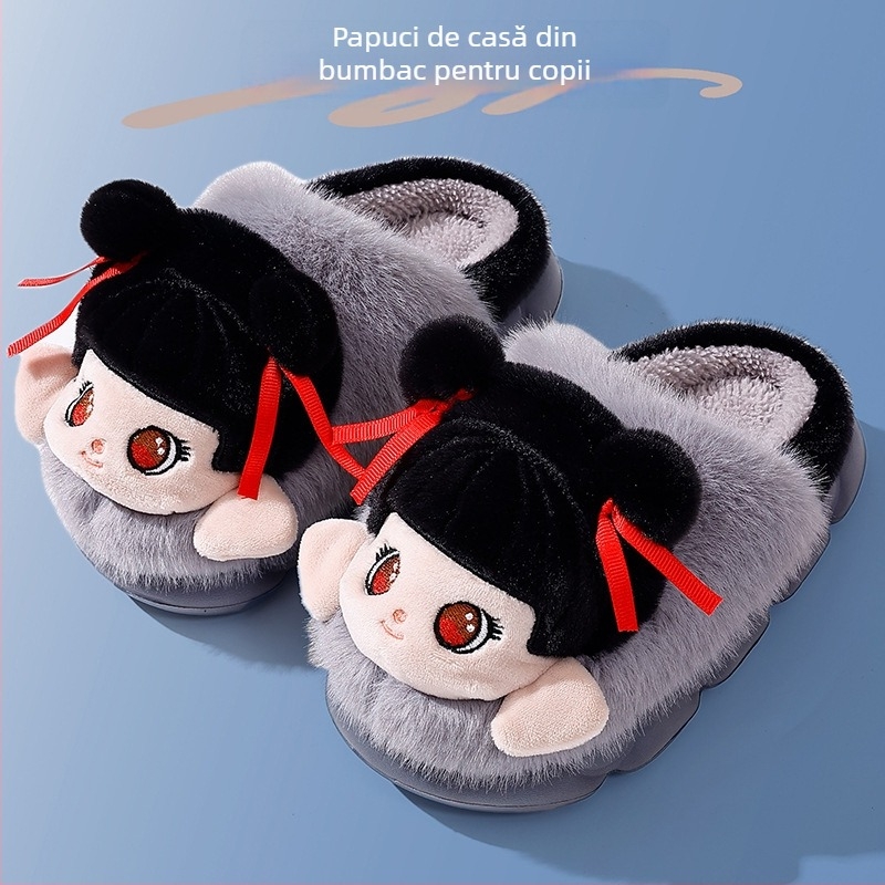 Șlapi de bumbac cu talpă EVA, partea superioară pluș, căptușite cu fleece, antiderapante, calde, cu model Cartoon pentru iarnă și toamnă – unisex