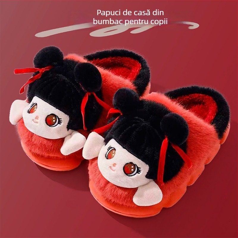 Șlapi de bumbac cu talpă EVA, partea superioară pluș, căptușite cu fleece, antiderapante, calde, cu model Cartoon pentru iarnă și toamnă – unisex