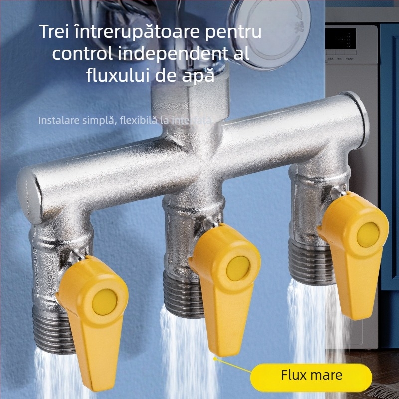 Distribuitor de apă pentru robinet din alamă, 1 intrare 3 ieșiri, cu filet, 0–90°C