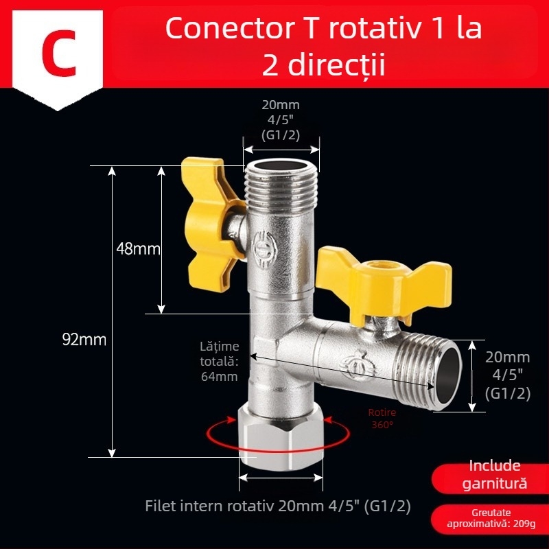 Distribuitor de apă pentru robinet din alamă, 1 intrare 3 ieșiri, cu filet, 0–90°C