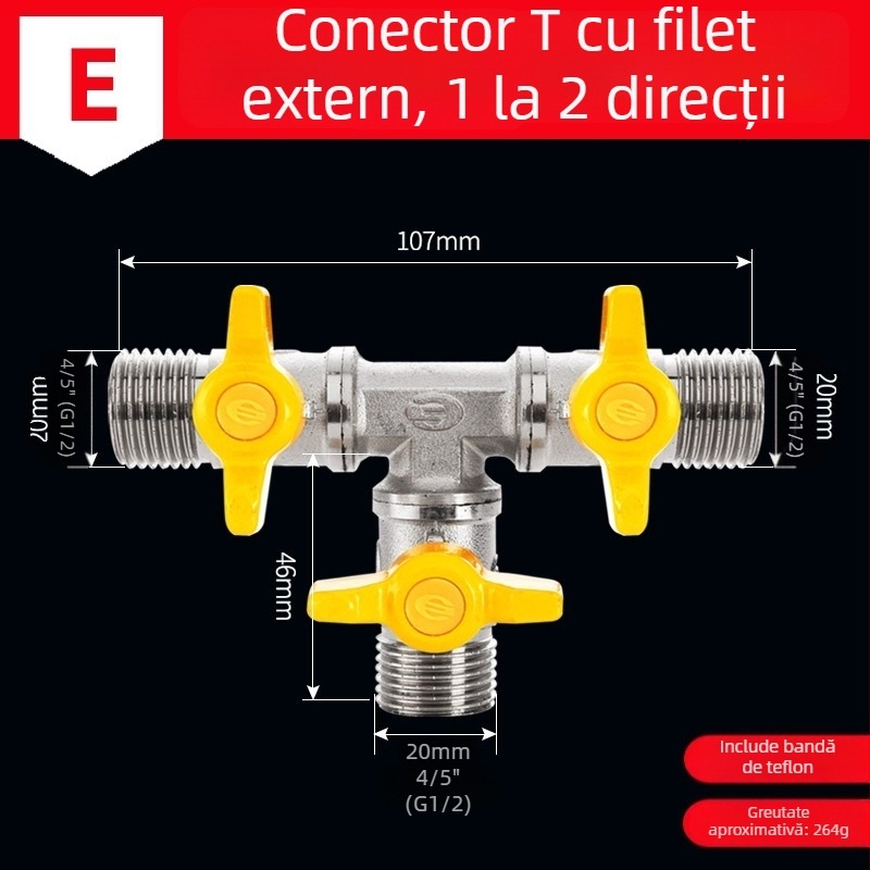 Distribuitor de apă pentru robinet din alamă, 1 intrare 3 ieșiri, cu filet, 0–90°C