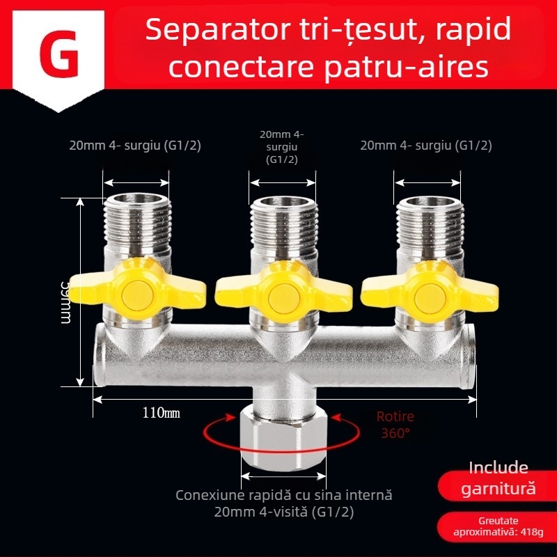 Distribuitor de apă pentru robinet din alamă, 1 intrare 3 ieșiri, cu filet, 0–90°C