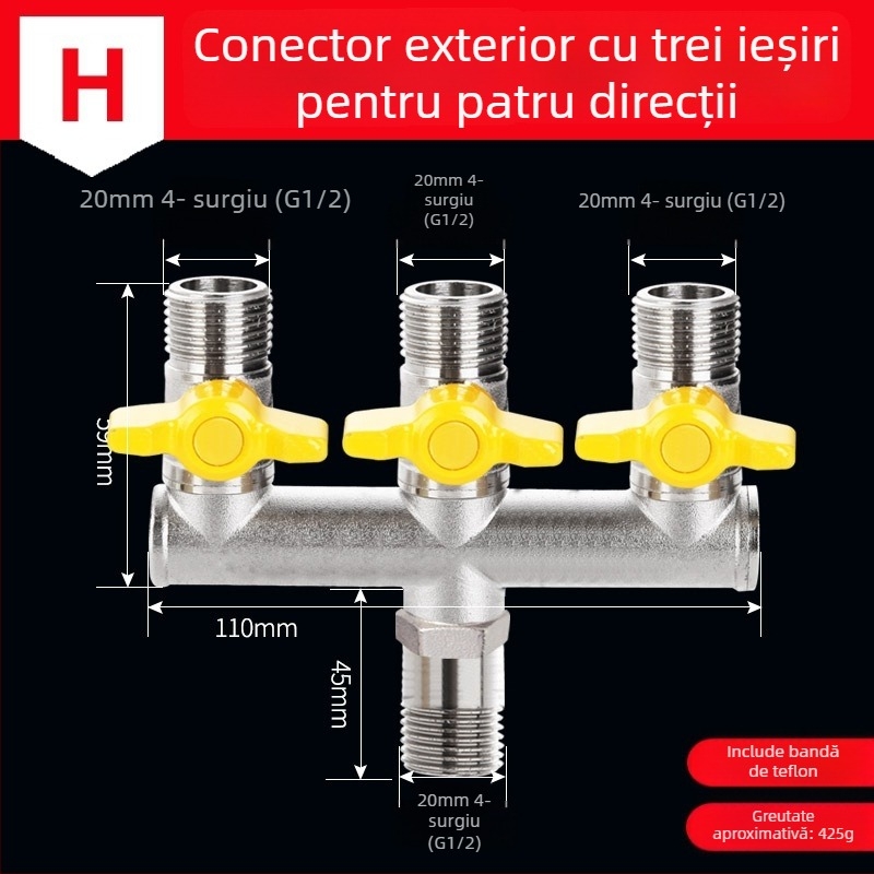 Distribuitor de apă pentru robinet din alamă, 1 intrare 3 ieșiri, cu filet, 0–90°C