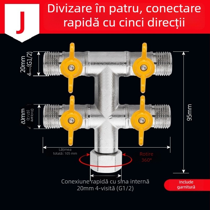 Distribuitor de apă pentru robinet din alamă, 1 intrare 3 ieșiri, cu filet, 0–90°C