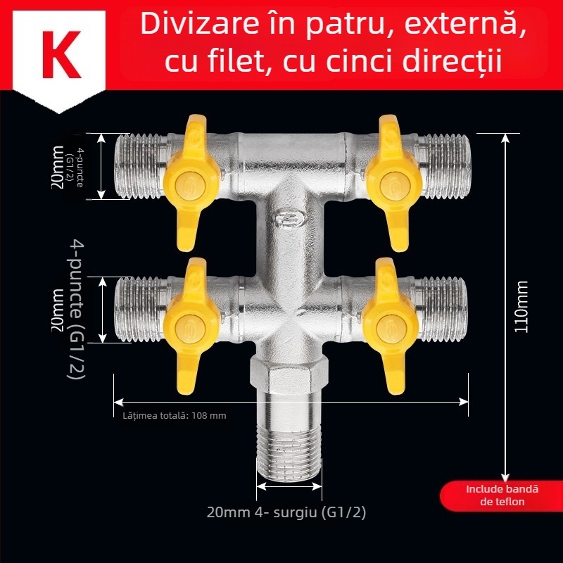 Distribuitor de apă pentru robinet din alamă, 1 intrare 3 ieșiri, cu filet, 0–90°C