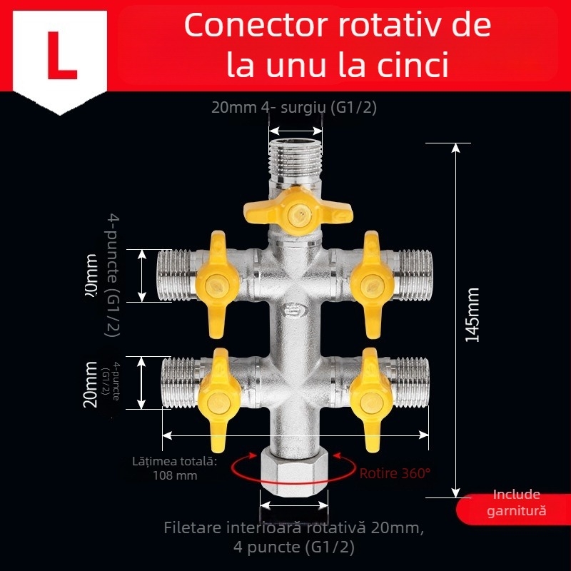 Distribuitor de apă pentru robinet din alamă, 1 intrare 3 ieșiri, cu filet, 0–90°C