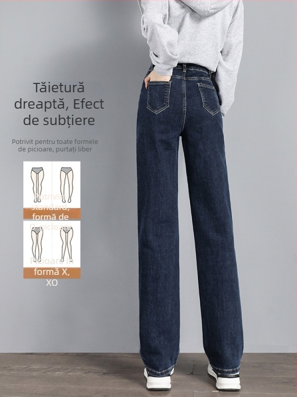 Jeansi din denim cu căptușeală fleece, talie înaltă, croială dreaptă, material gros, elasticitate mare