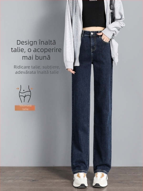 Jeansi din denim cu căptușeală fleece, talie înaltă, croială dreaptă, material gros, elasticitate mare