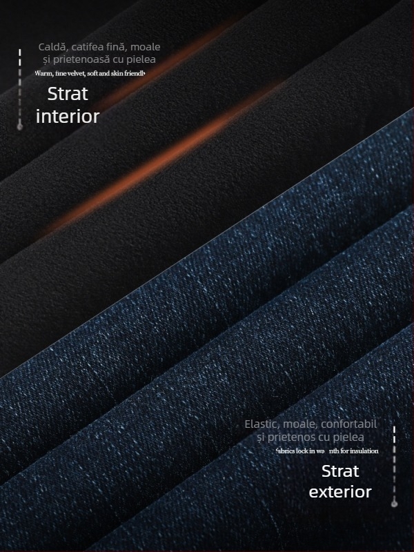 Jeansi din denim cu căptușeală fleece, talie înaltă, croială dreaptă, material gros, elasticitate mare