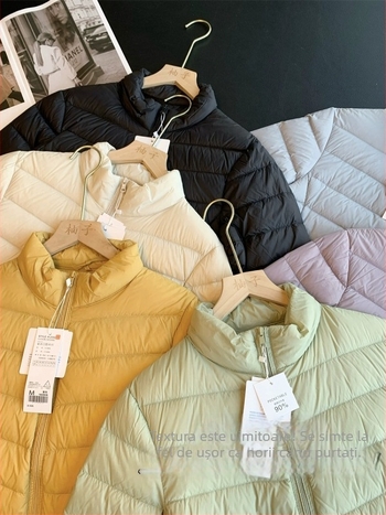Jachetă subțire din nylon cu puf de rață alb, 85-90% conținut, guler înalt, fermoar