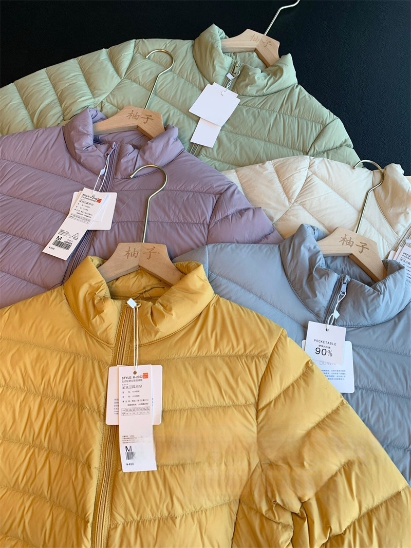 Jachetă subțire din nylon cu puf de rață alb, 85-90% conținut, guler înalt, fermoar