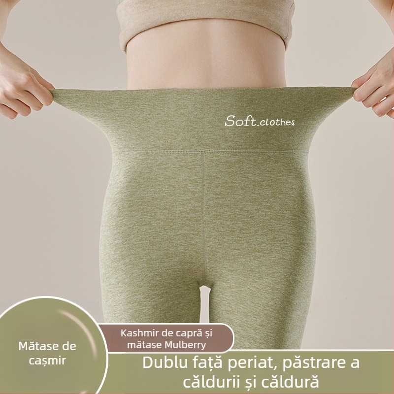 Pantaloni termici cu fleece pe interior, talie înaltă, dublu strat, poliester cationic, 90–95% poliester, grosime 251–300 g/m²
