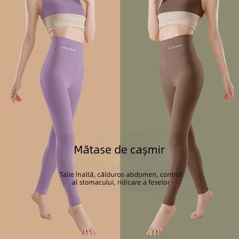 Pantaloni termici cu fleece pe interior, talie înaltă, dublu strat, poliester cationic, 90–95% poliester, grosime 251–300 g/m²