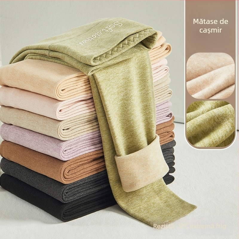 Pantaloni termici cu fleece pe interior, talie înaltă, dublu strat, poliester cationic, 90–95% poliester, grosime 251–300 g/m²