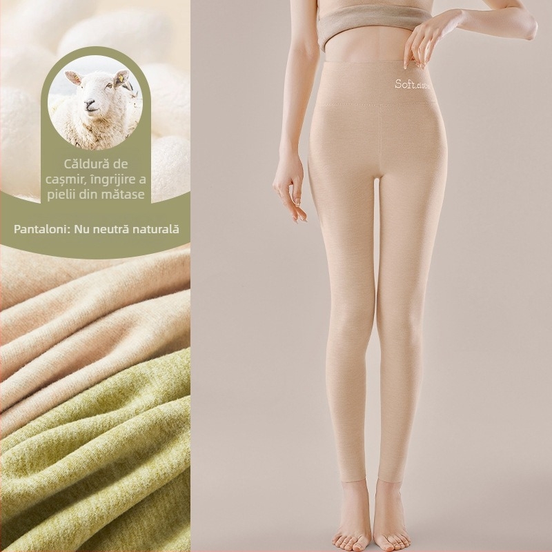 Pantaloni termici cu fleece pe interior, talie înaltă, dublu strat, poliester cationic, 90–95% poliester, grosime 251–300 g/m²