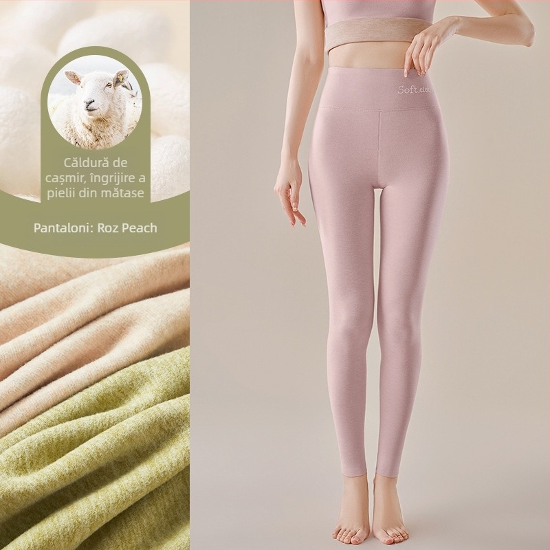 Pantaloni termici cu fleece pe interior, talie înaltă, dublu strat, poliester cationic, 90–95% poliester, grosime 251–300 g/m²