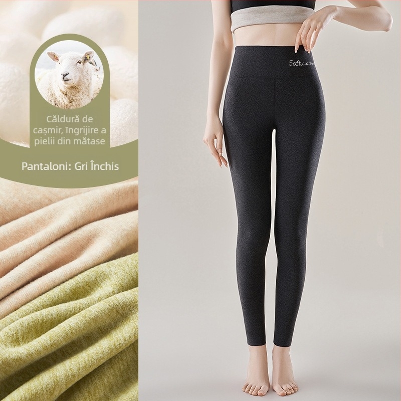 Pantaloni termici cu fleece pe interior, talie înaltă, dublu strat, poliester cationic, 90–95% poliester, grosime 251–300 g/m²