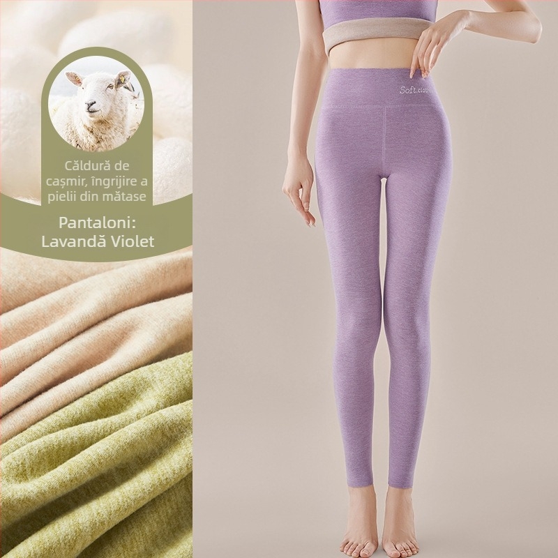 Pantaloni termici cu fleece pe interior, talie înaltă, dublu strat, poliester cationic, 90–95% poliester, grosime 251–300 g/m²