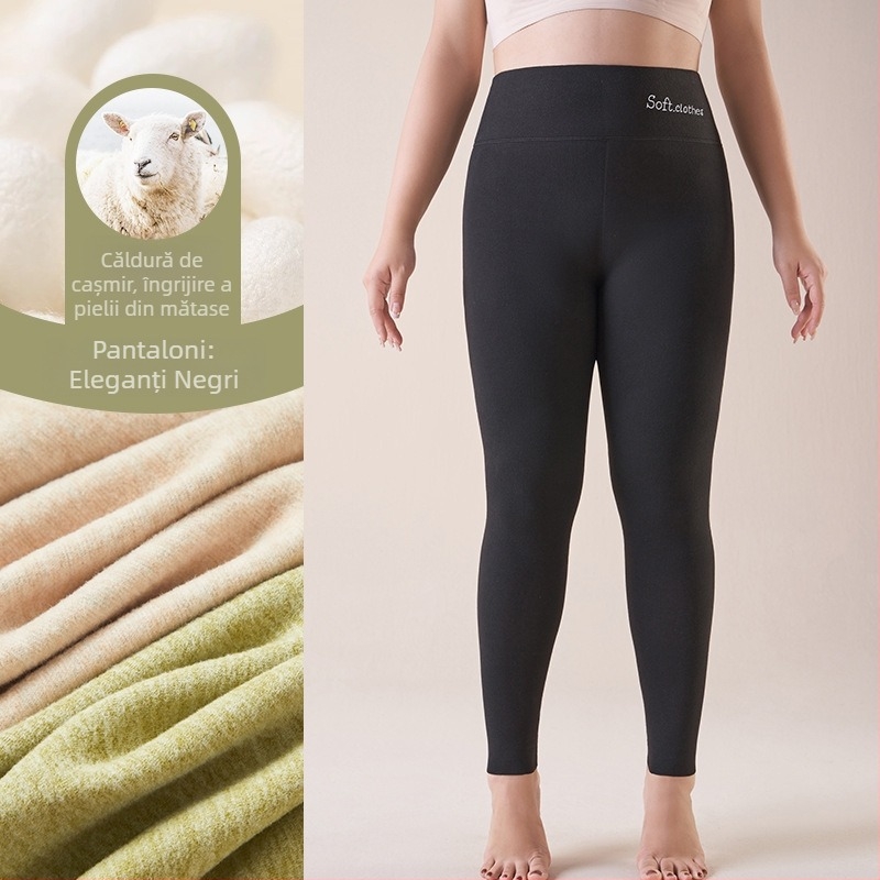 Pantaloni termici cu fleece pe interior, talie înaltă, dublu strat, poliester cationic, 90–95% poliester, grosime 251–300 g/m²