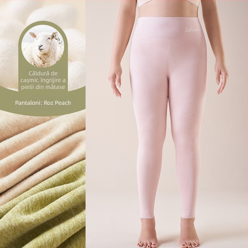 Pantaloni termici cu fleece pe interior, talie înaltă, dublu strat, poliester cationic, 90–95% poliester, grosime 251–300 g/m²