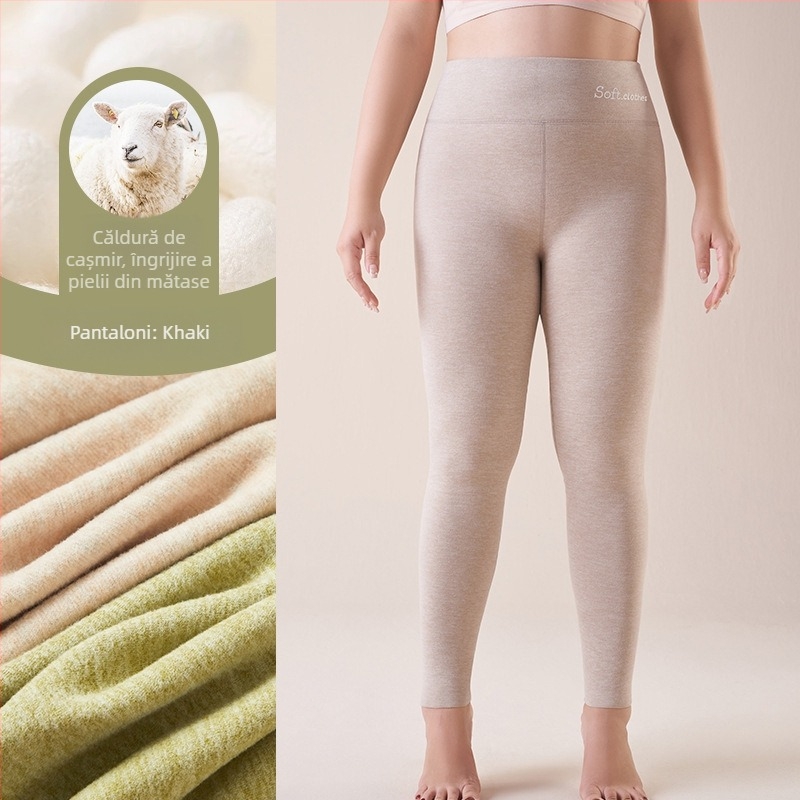 Pantaloni termici cu fleece pe interior, talie înaltă, dublu strat, poliester cationic, 90–95% poliester, grosime 251–300 g/m²