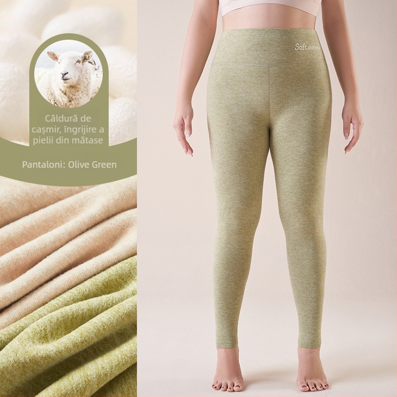 Pantaloni termici cu fleece pe interior, talie înaltă, dublu strat, poliester cationic, 90–95% poliester, grosime 251–300 g/m²