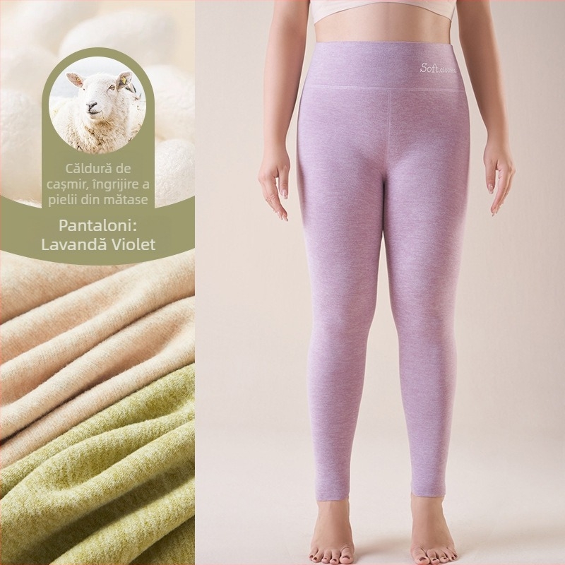 Pantaloni termici cu fleece pe interior, talie înaltă, dublu strat, poliester cationic, 90–95% poliester, grosime 251–300 g/m²