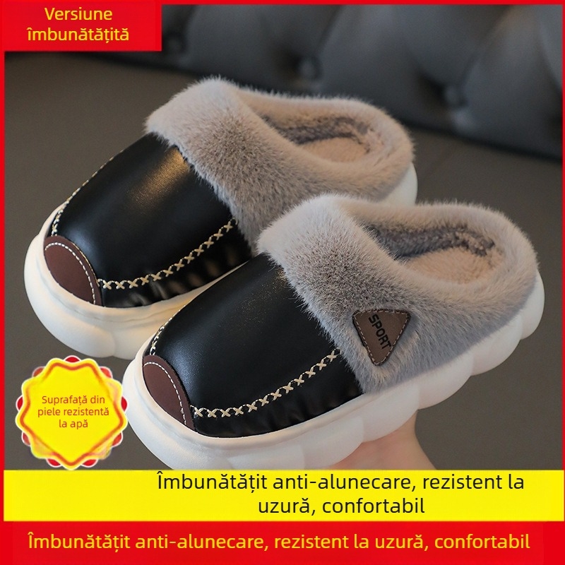 Papuci de casă din bumbac, unisex, cu model cartoon, cu partea superioară din PVC și talpă din PVC, potrivite pentru vârstele 4–6 și 13–16 ani, pentru purtare de iarnă în interior