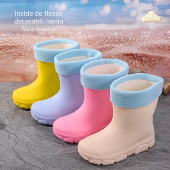 Cizme de ploaie din PVC pentru copii, unisex, înălțime joasă, talpă plată, căptușite cu fleece, patru sezoane, 4–16 ani