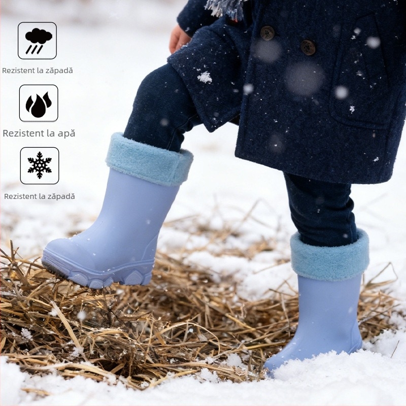 Cizme de ploaie din PVC pentru copii, unisex, înălțime joasă, talpă plată, căptușite cu fleece, patru sezoane, 4–16 ani