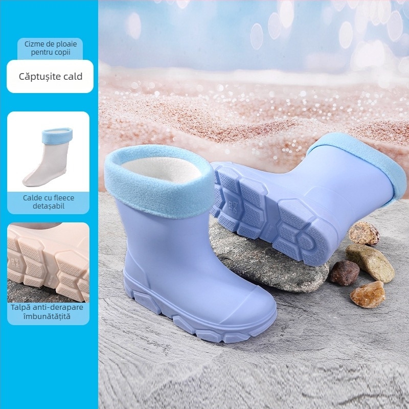 Cizme de ploaie din PVC pentru copii, unisex, înălțime joasă, talpă plată, căptușite cu fleece, patru sezoane, 4–16 ani