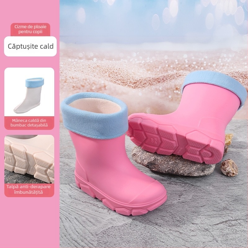 Cizme de ploaie din PVC pentru copii, unisex, înălțime joasă, talpă plată, căptușite cu fleece, patru sezoane, 4–16 ani