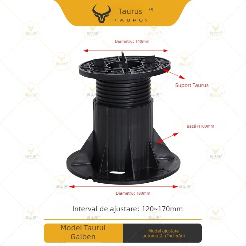Suport universal cu cap reglabil (0–5°), rază 70–520 mm, capacitate de încărcare 1–2 tone, potrivit pentru ieșiri, acoperișuri și pavaje de terasă