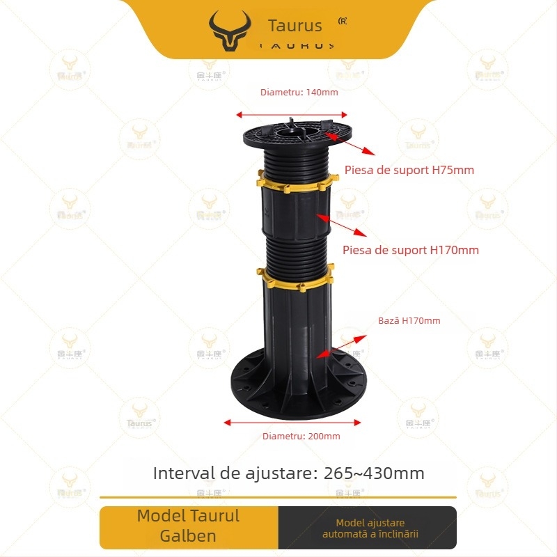 Suport universal cu cap reglabil (0–5°), rază 70–520 mm, capacitate de încărcare 1–2 tone, potrivit pentru ieșiri, acoperișuri și pavaje de terasă