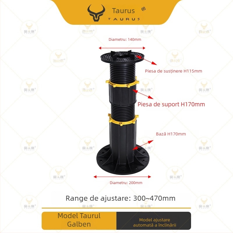 Suport universal cu cap reglabil (0–5°), rază 70–520 mm, capacitate de încărcare 1–2 tone, potrivit pentru ieșiri, acoperișuri și pavaje de terasă