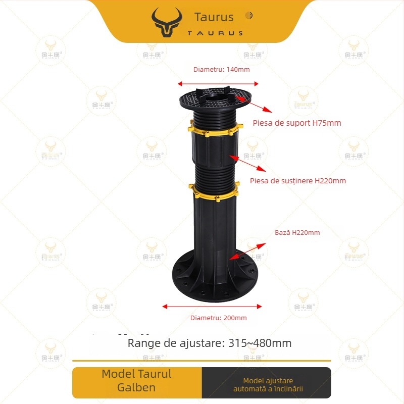 Suport universal cu cap reglabil (0–5°), rază 70–520 mm, capacitate de încărcare 1–2 tone, potrivit pentru ieșiri, acoperișuri și pavaje de terasă