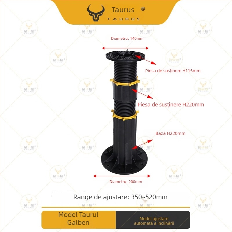 Suport universal cu cap reglabil (0–5°), rază 70–520 mm, capacitate de încărcare 1–2 tone, potrivit pentru ieșiri, acoperișuri și pavaje de terasă