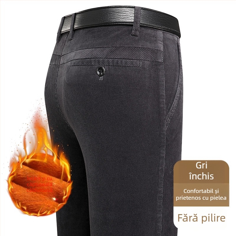 Pantaloni bărbați din corduroy, tăietură taper, căptuțiți cu fleece, groși, talie înaltă (pentru bărbați de vârsta mijlocie)