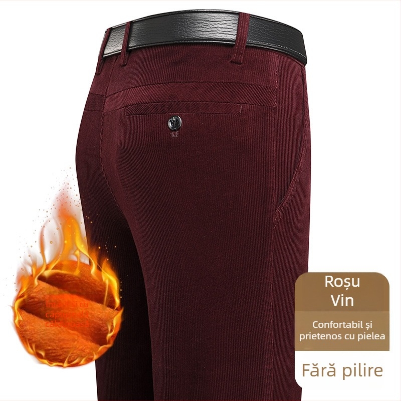 Pantaloni bărbați din corduroy, tăietură taper, căptuțiți cu fleece, groși, talie înaltă (pentru bărbați de vârsta mijlocie)