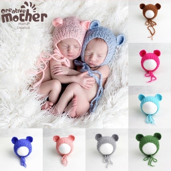 Șapcă tricotată de bebeluș din mohair, în formă de ursuleț, cu vârf sferic, caldă pentru ședințe foto primăvară/toamnă, 0–6 luni