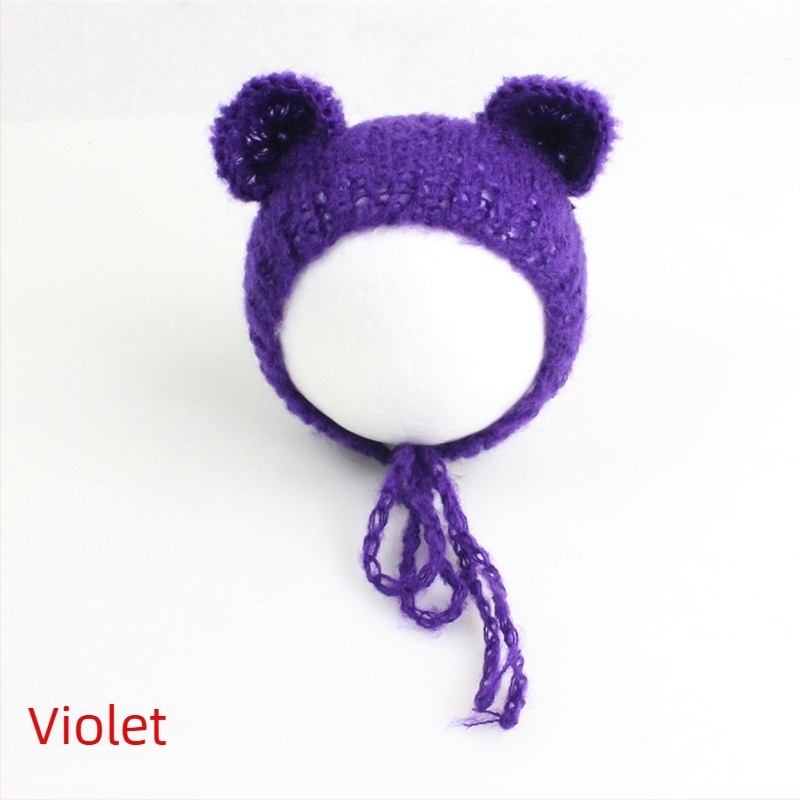 Șapcă tricotată de bebeluș din mohair, în formă de ursuleț, cu vârf sferic, caldă pentru ședințe foto primăvară/toamnă, 0–6 luni