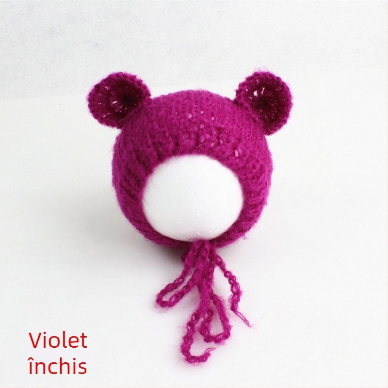 Șapcă tricotată de bebeluș din mohair, în formă de ursuleț, cu vârf sferic, caldă pentru ședințe foto primăvară/toamnă, 0–6 luni