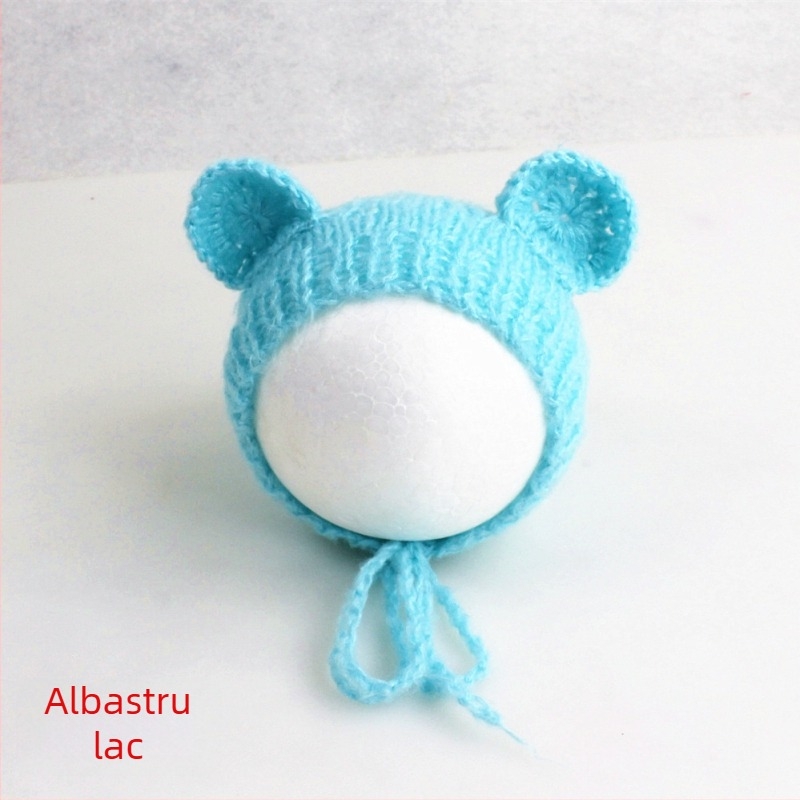 Șapcă tricotată de bebeluș din mohair, în formă de ursuleț, cu vârf sferic, caldă pentru ședințe foto primăvară/toamnă, 0–6 luni