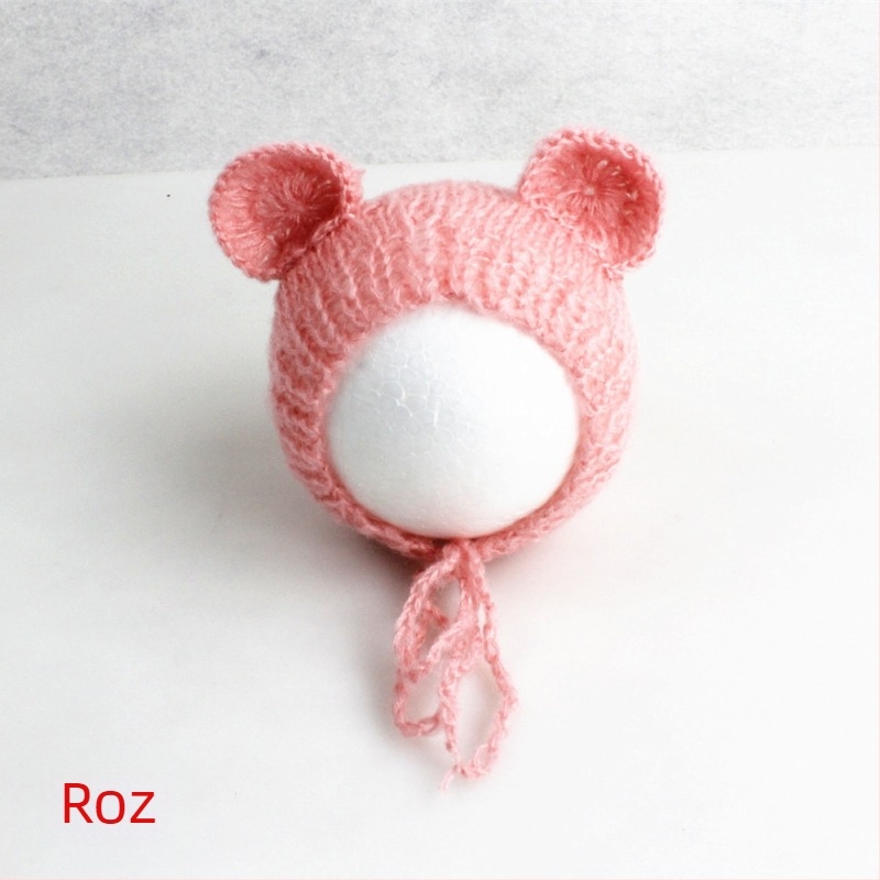 Șapcă tricotată de bebeluș din mohair, în formă de ursuleț, cu vârf sferic, caldă pentru ședințe foto primăvară/toamnă, 0–6 luni