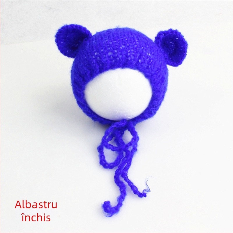 Șapcă tricotată de bebeluș din mohair, în formă de ursuleț, cu vârf sferic, caldă pentru ședințe foto primăvară/toamnă, 0–6 luni