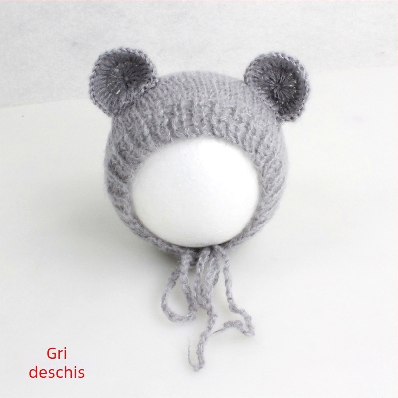 Șapcă tricotată de bebeluș din mohair, în formă de ursuleț, cu vârf sferic, caldă pentru ședințe foto primăvară/toamnă, 0–6 luni