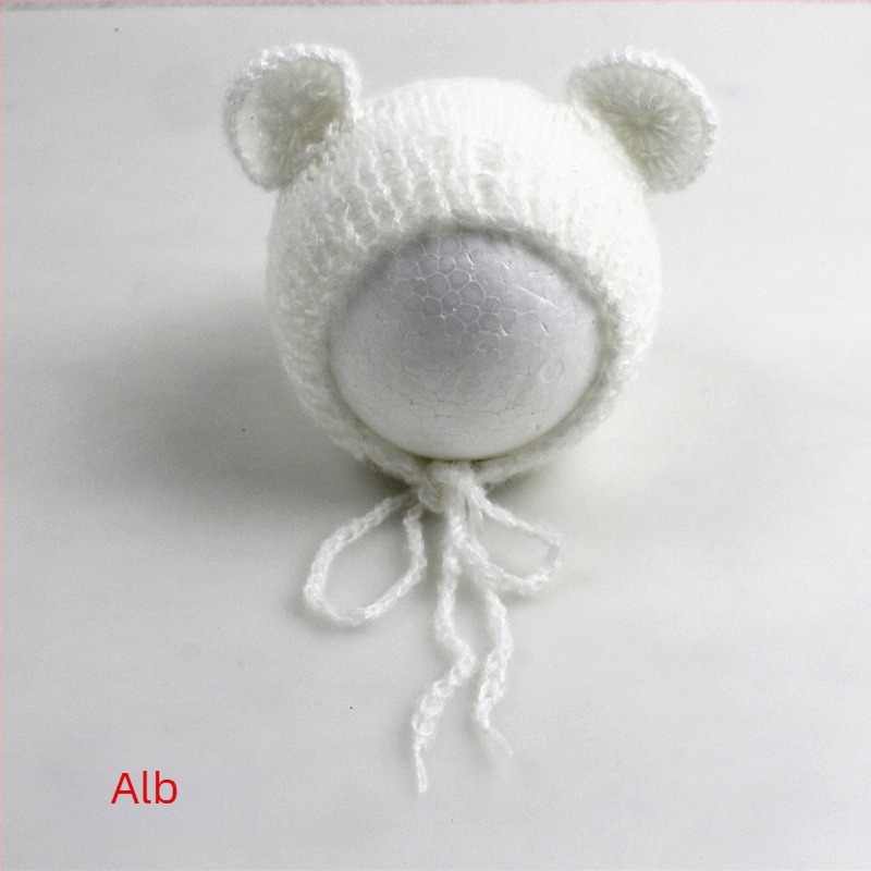 Șapcă tricotată de bebeluș din mohair, în formă de ursuleț, cu vârf sferic, caldă pentru ședințe foto primăvară/toamnă, 0–6 luni