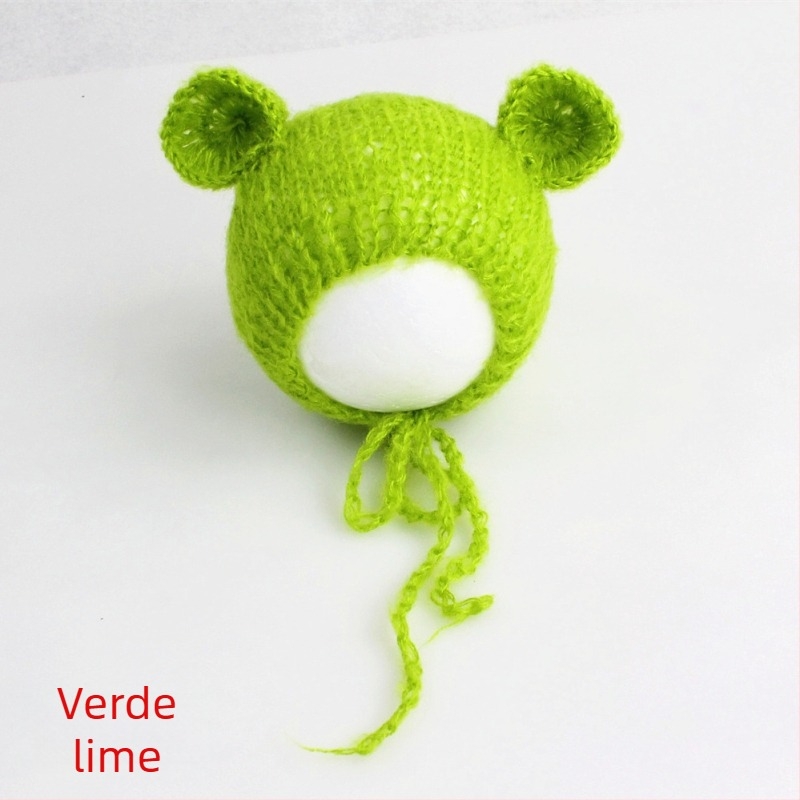 Șapcă tricotată de bebeluș din mohair, în formă de ursuleț, cu vârf sferic, caldă pentru ședințe foto primăvară/toamnă, 0–6 luni