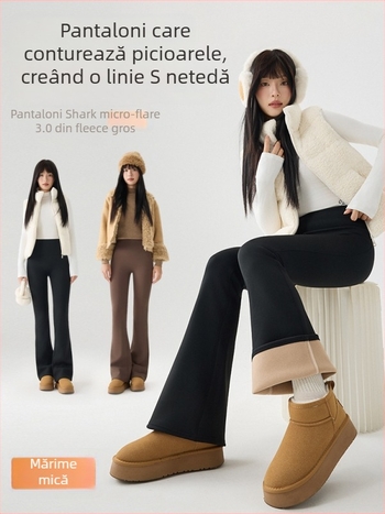 Pantaloni bootcut pentru talie mică, cu siluetă ușor evazată, căptușeală groasă de fleece, elasticitate înaltă